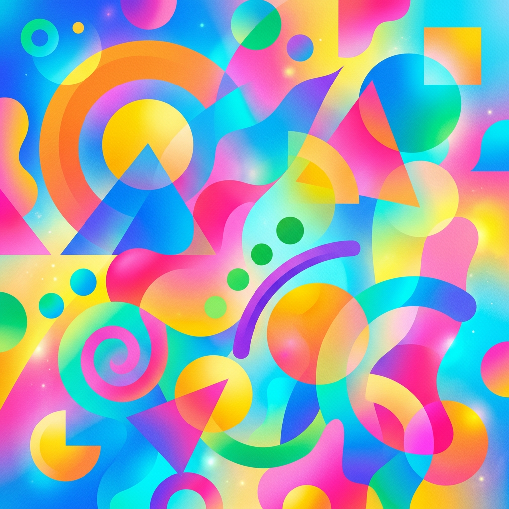 Abstract composition of colorful overlapping geometric shapes including circles, triangles, spirals, and curves